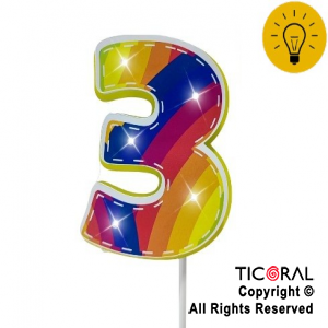 ADORNO PINCHE PARA TORTA LUMINOSO 3D NUMERO 3 MULTICOLOR x 1